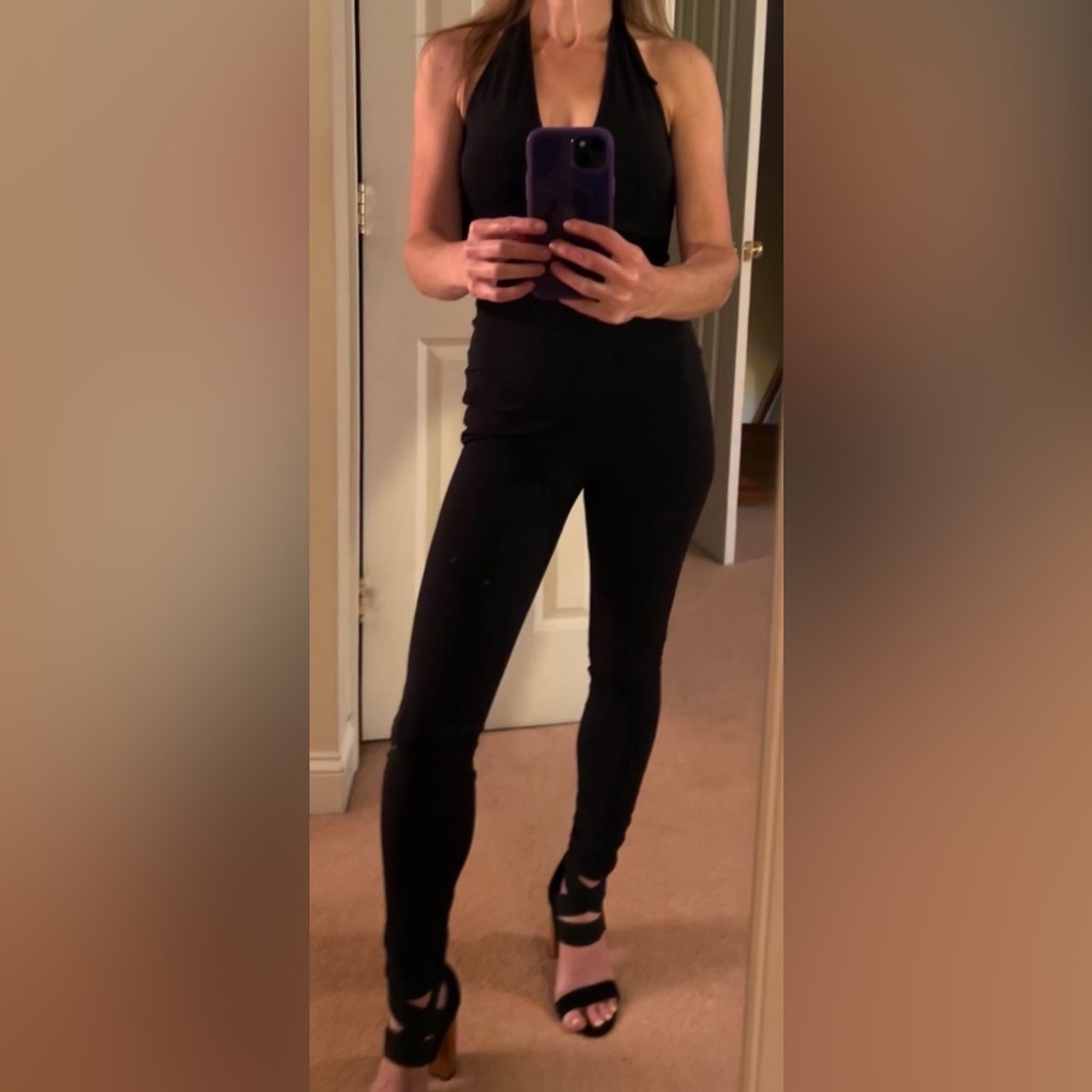 Black body suit, halter top, open back, size XS